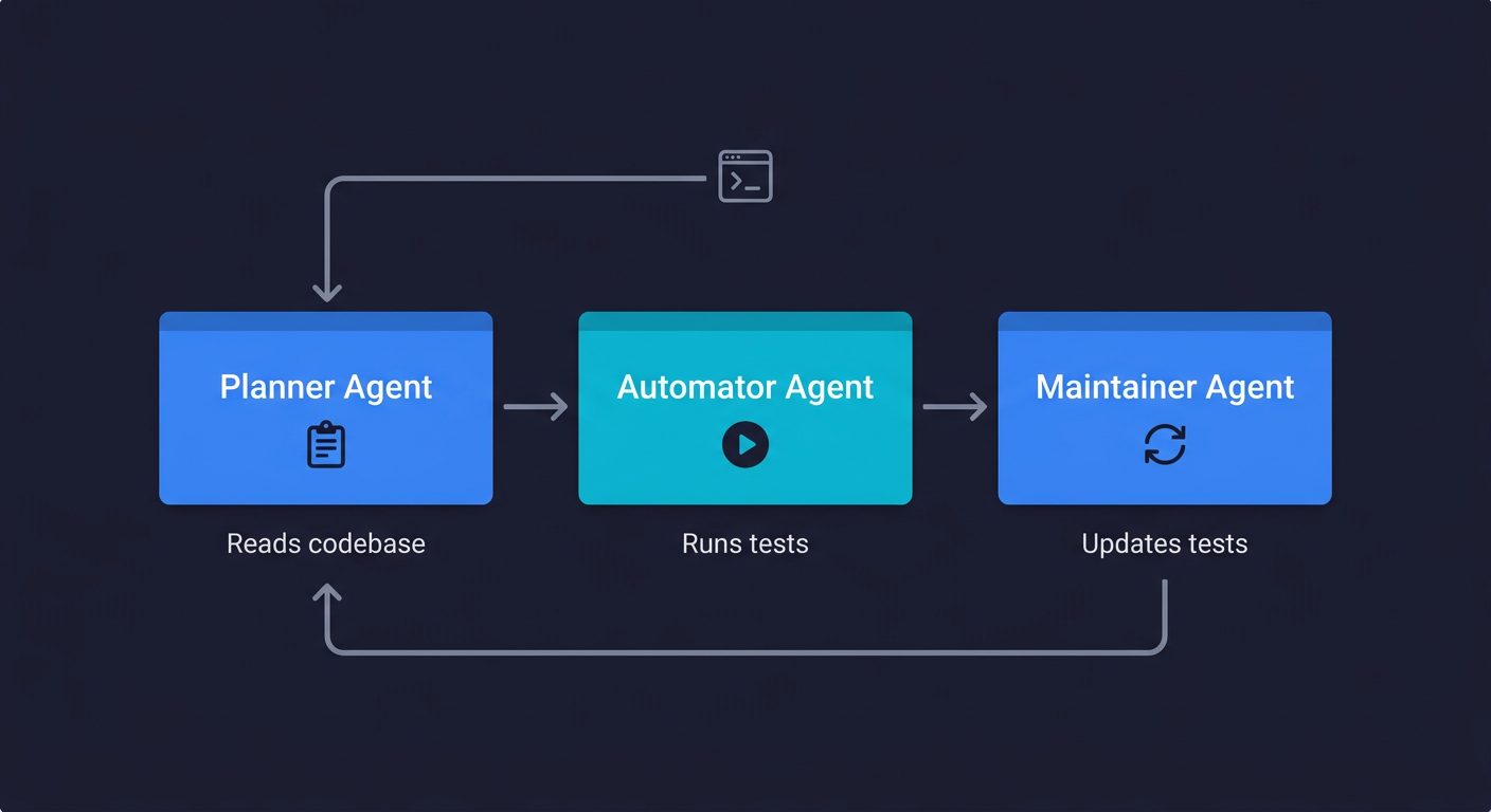 Three-agent architecture diagram showing Planner Agent reading the codebase, Automator Agent running tests, and Maintainer Agent updating tests in a continuous cycle