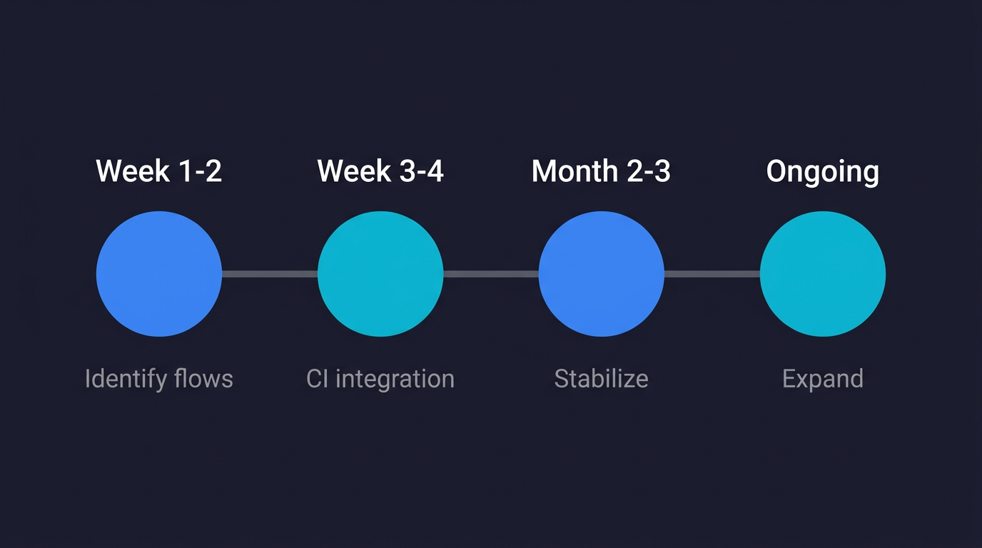 Implementation timeline showing four phases: Week 1-2 identify flows, Week 3-4 CI integration, Month 2-3 stabilize, then ongoing expansion