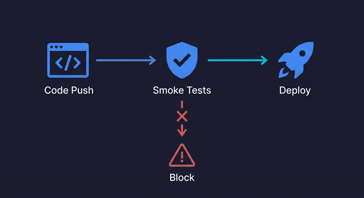 Smoke testing CI/CD pipeline diagram showing code push flowing through smoke tests to deploy, with a block path for failures
