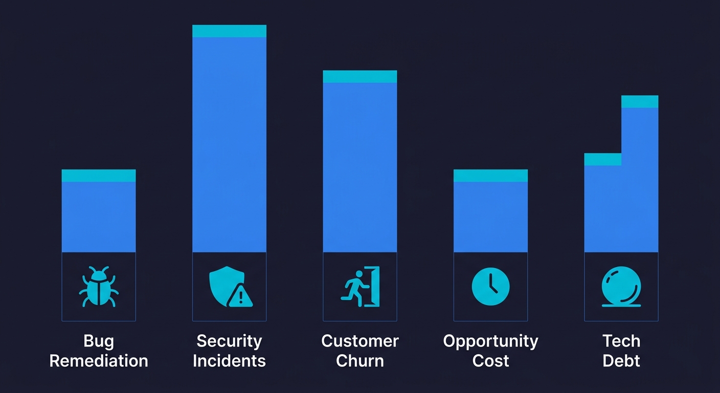 Bar chart showing the five hidden cost categories of vibe coding: bug remediation, security incidents, customer churn, opportunity cost, and technical debt