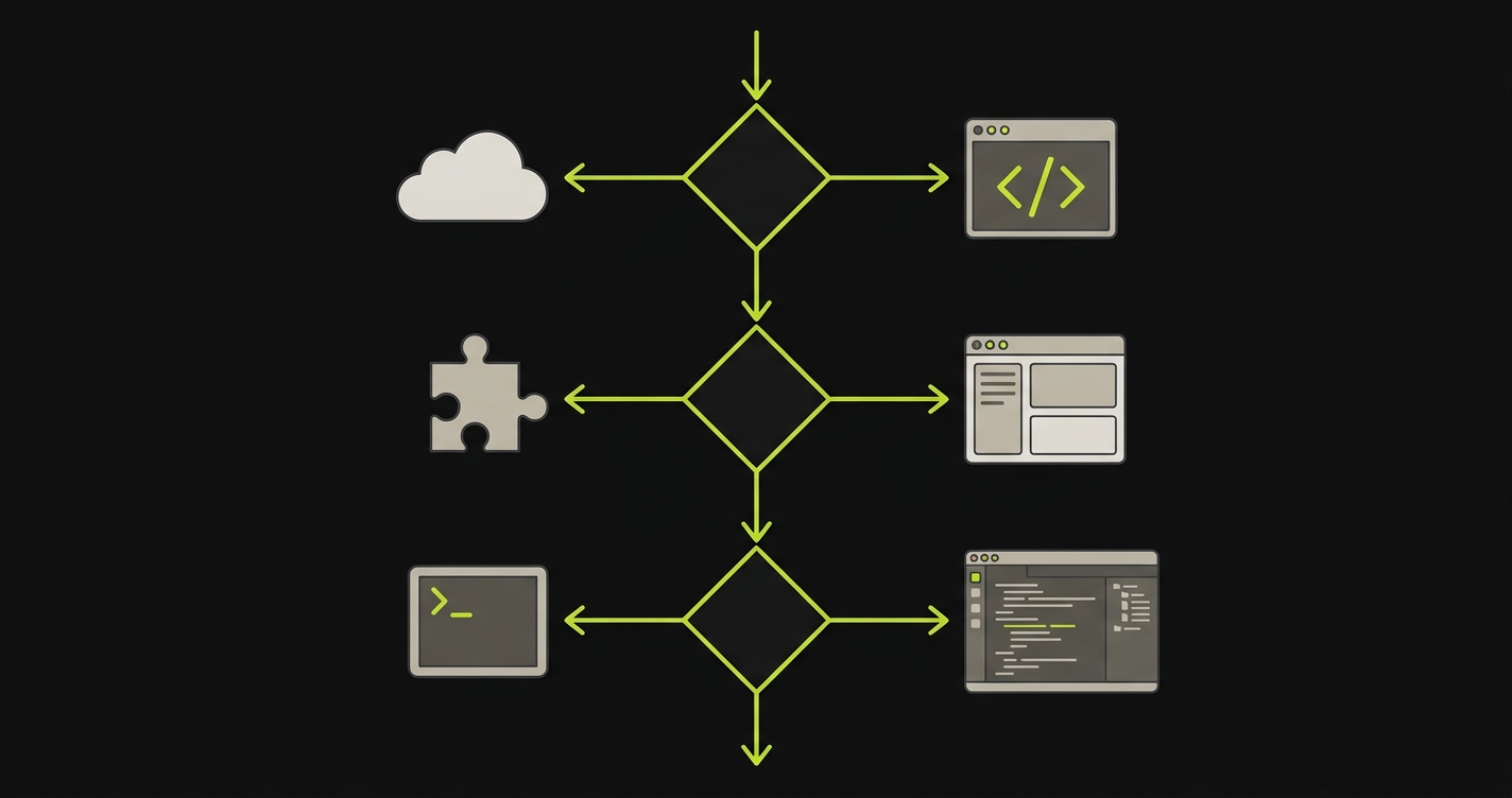 Decision flowchart showing how to choose between cloud builders, VS Code extensions, full AI IDEs, and terminal-native tools based on your use case and constraints