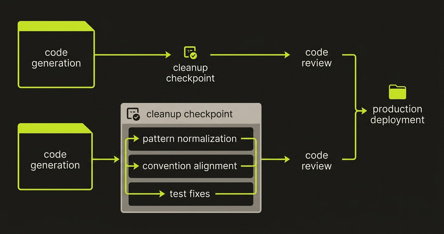 Cursor vs Windsurf production readiness comparison showing AI IDE code generation pipeline from generation to shipping with cleanup stages for each tool