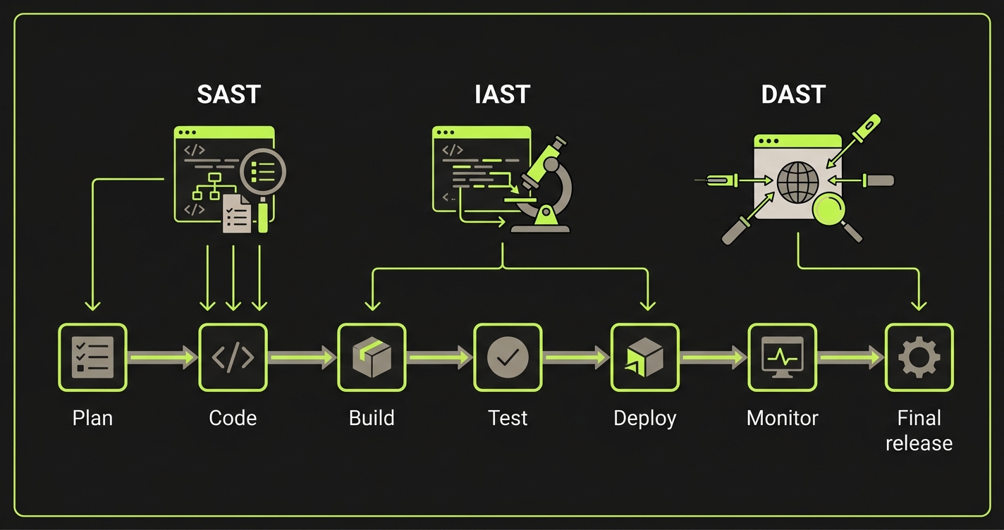 Comparison of DAST, SAST, and IAST testing approaches showing outside-in black-box, white-box source analysis, and gray-box instrumented runtime
