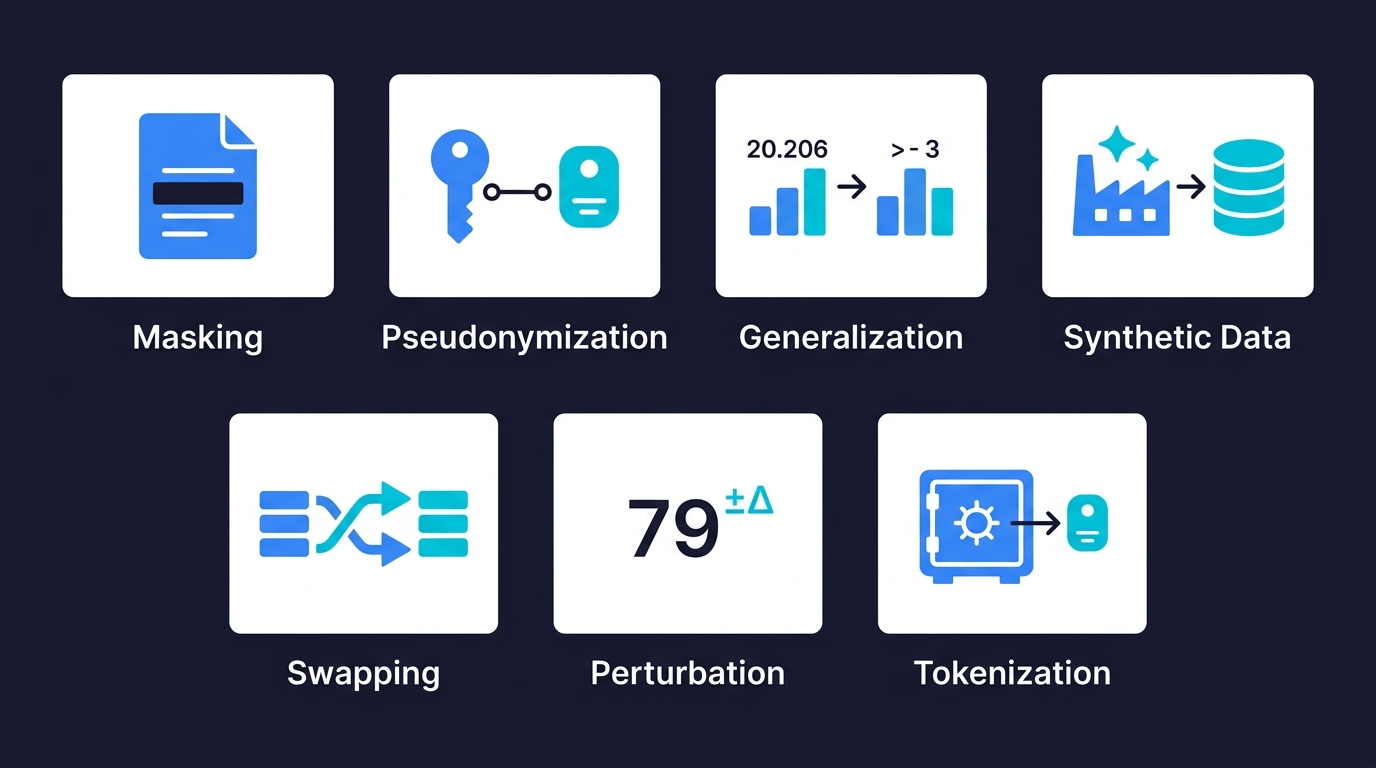 Overview of seven data anonymization techniques: masking, pseudonymization, generalization, synthetic data, swapping, perturbation, and tokenization, each shown with a descriptive icon
