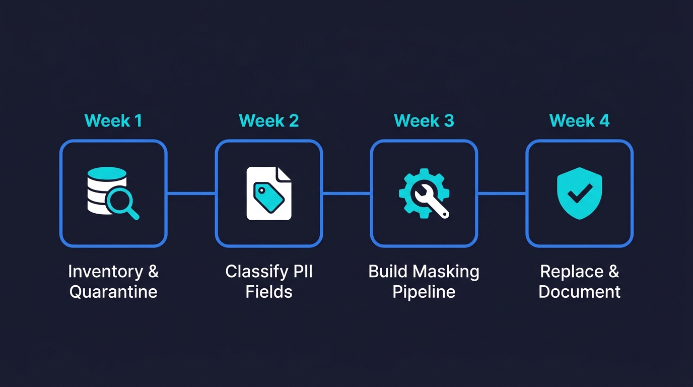 Four-week data anonymization playbook timeline: Week 1 Inventory and Quarantine, Week 2 Classify PII Fields, Week 3 Build Masking Pipeline, Week 4 Replace and Document
