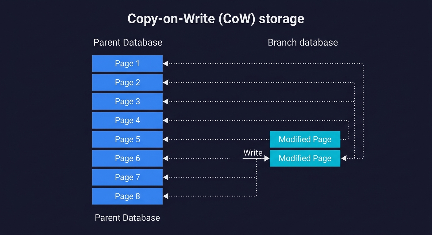 Diagram showing Copy-on-Write storage: parent database pages shared with branch, only modified pages duplicated on write