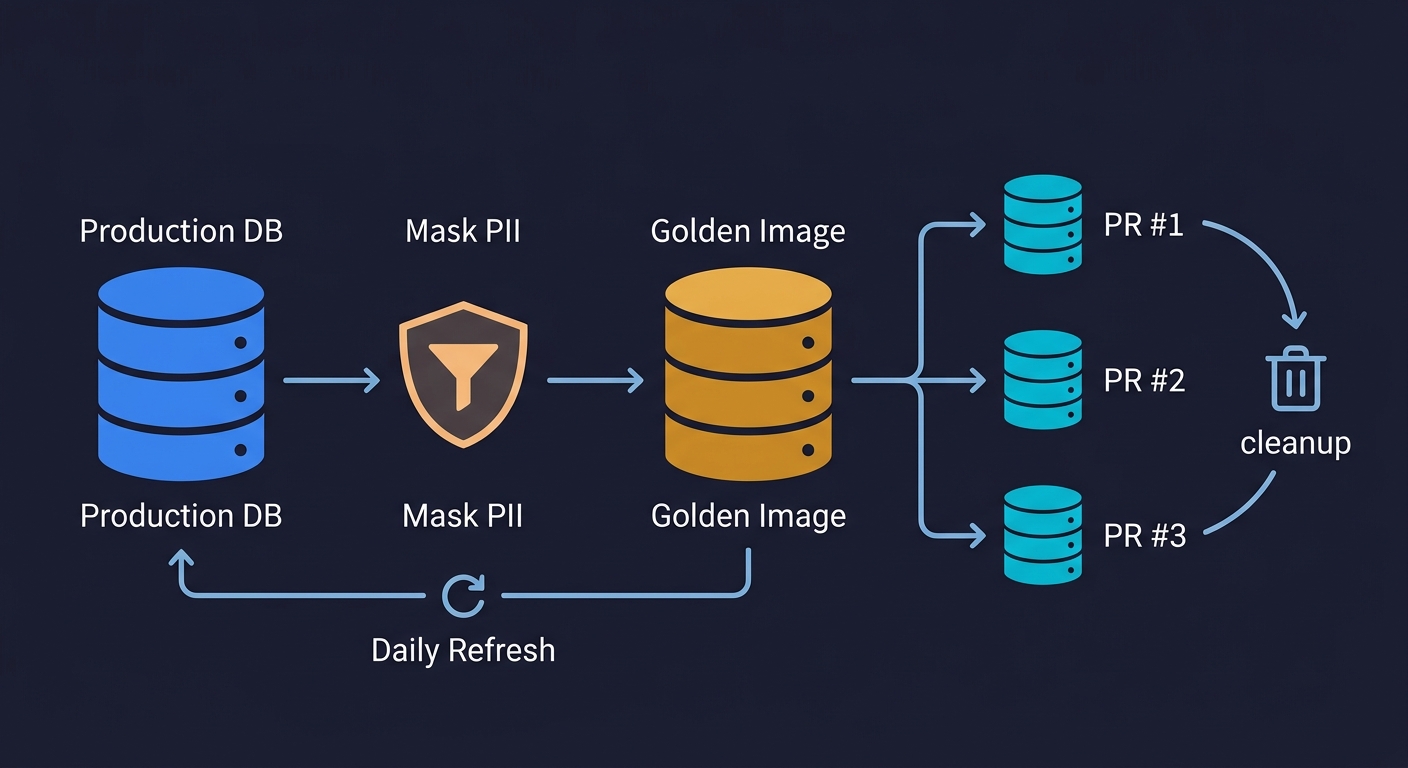 Golden Image workflow diagram showing Production DB flowing through PII masking to create a Golden Image, which branches into isolated PR databases that are cleaned up after use
