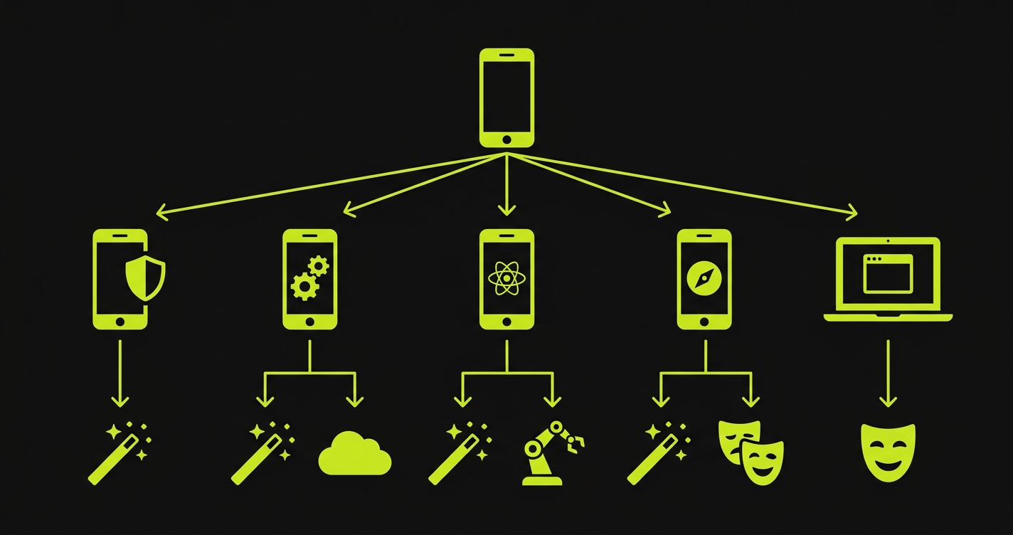 Decision flowchart showing which React Native E2E testing tool to choose based on your RN variant - Expo managed, Expo bare, pure RN, Expo Router, or Expo Web