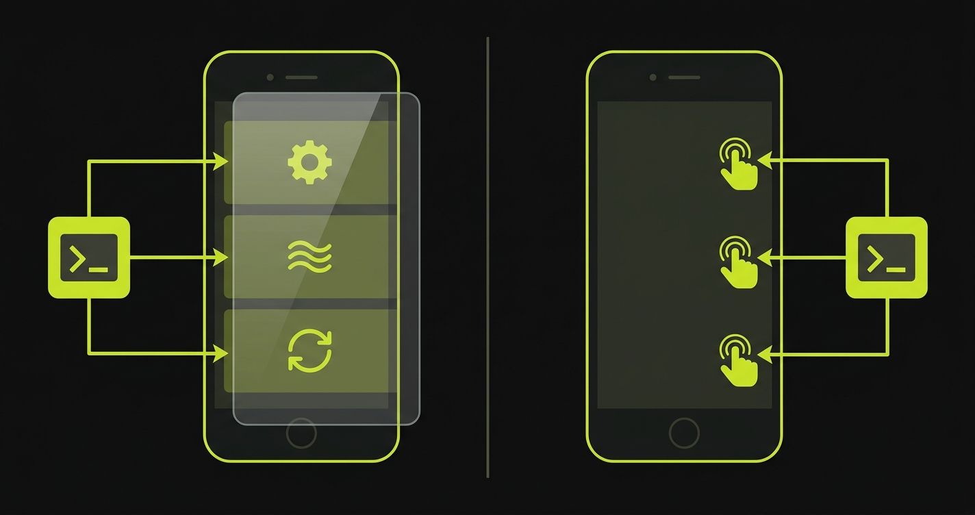 Grey-box testing architecture with test runner connected to app internals versus black-box testing architecture with test runner interacting only through the screen surface