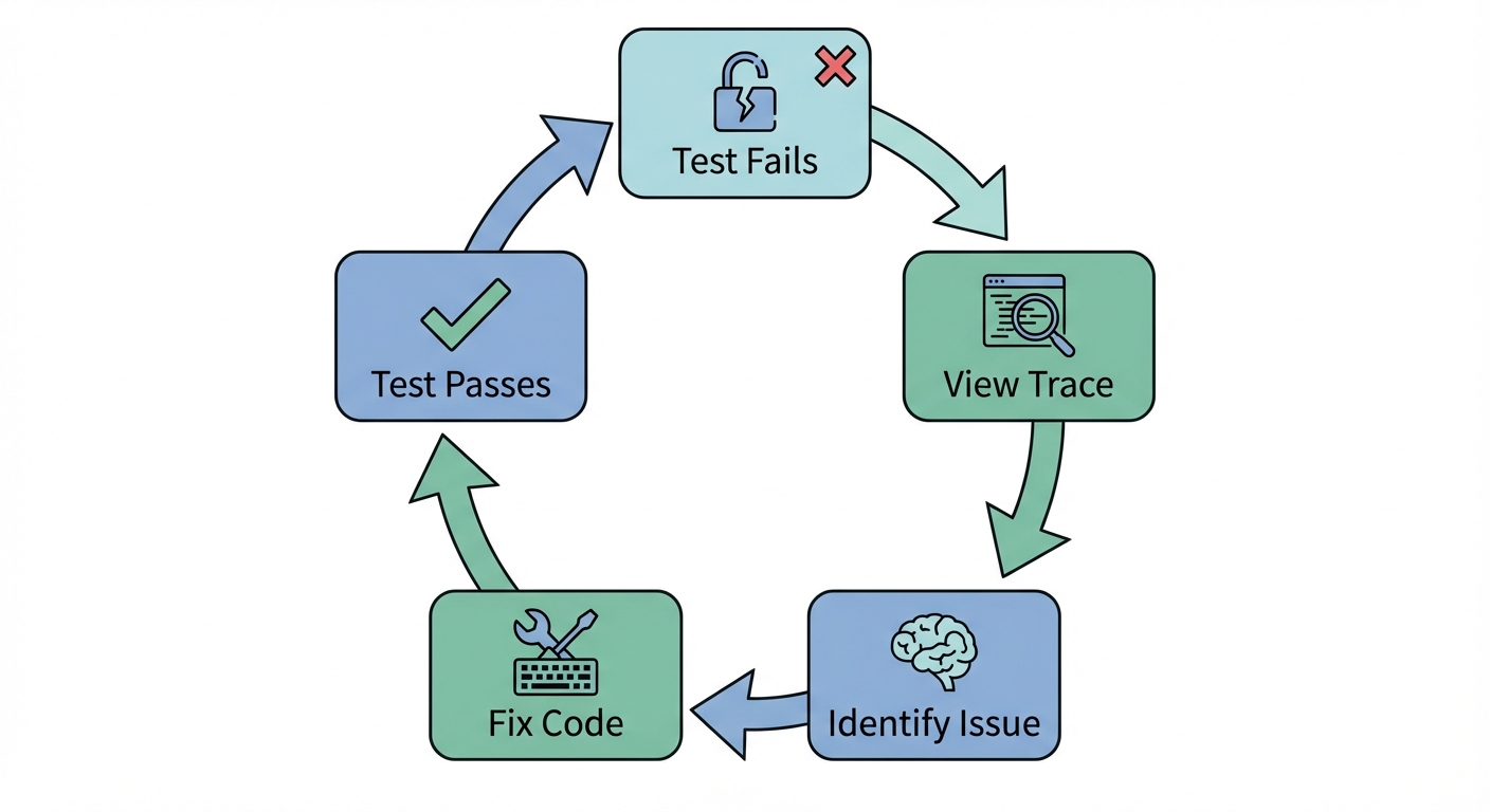 Debugging workflow showing trace viewer and screenshot analysis