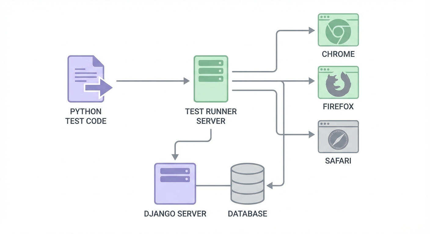 Playwright architecture diagram showing how tests control browsers to interact with Django applications
