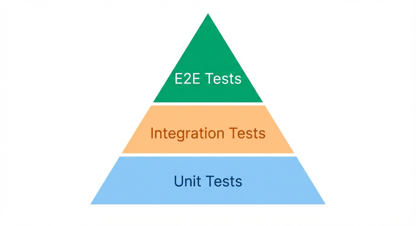 Testing pyramid showing Django unit tests at base, integration tests in middle, and E2E tests with Playwright at top
