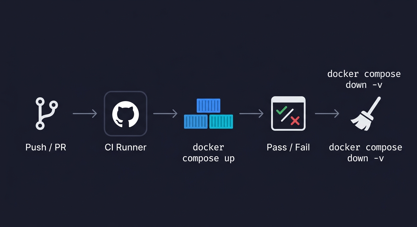 CI pipeline flow from git push through GitHub Actions runner, Docker Compose up, test pass or fail, to teardown