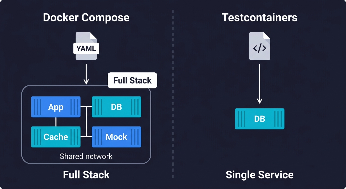 Side-by-side comparison of Docker Compose orchestrating a full stack of connected containers versus Testcontainers spinning up a single isolated database service