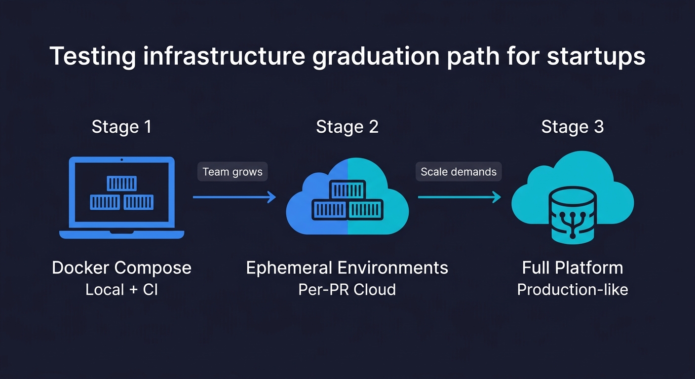 Testing infrastructure graduation path for startups from Docker Compose for local and CI, to ephemeral environments per pull request, to a full production-like platform