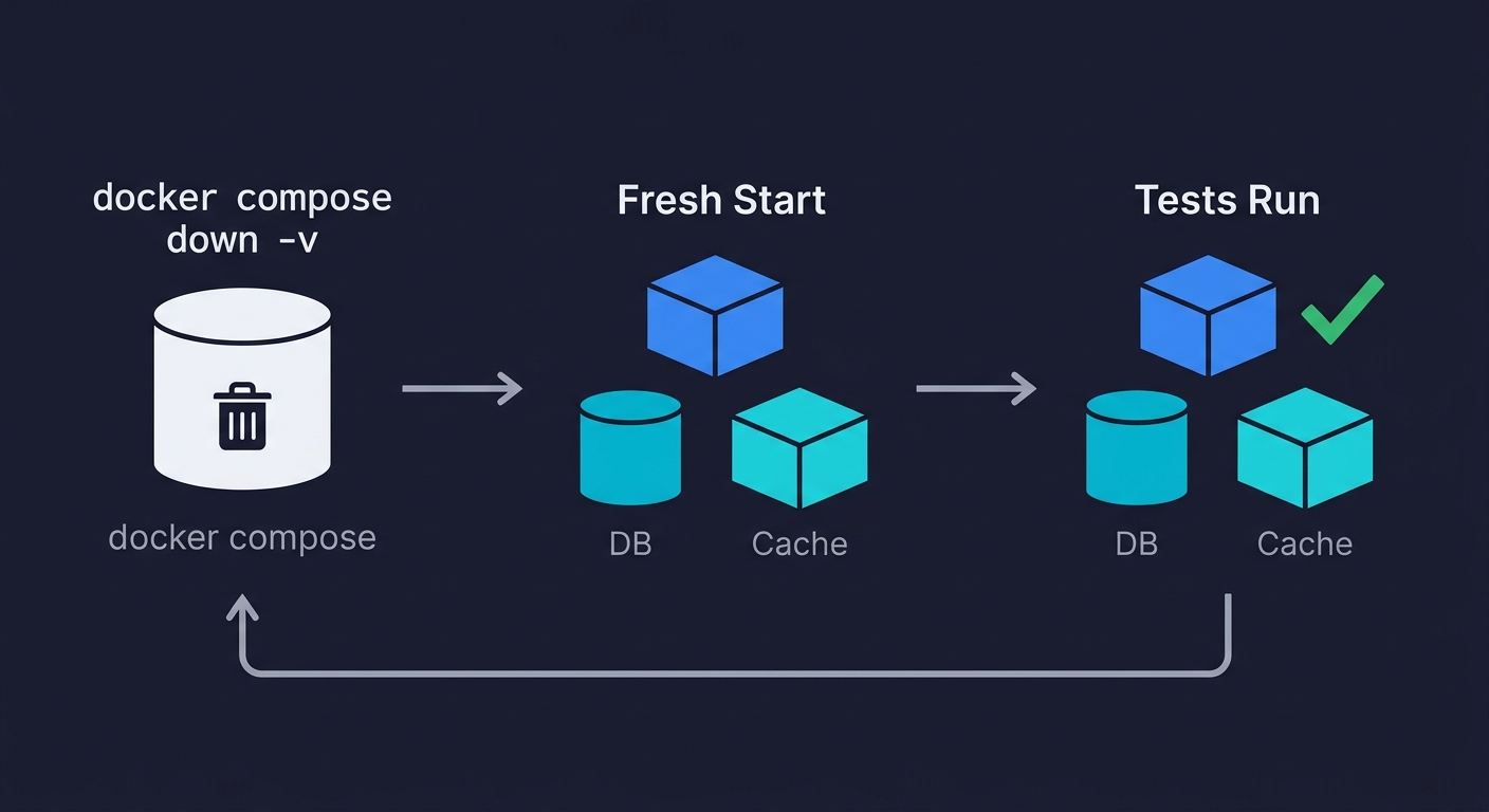 Docker Compose test isolation cycle showing volume teardown, fresh container start, and test execution in a repeating loop