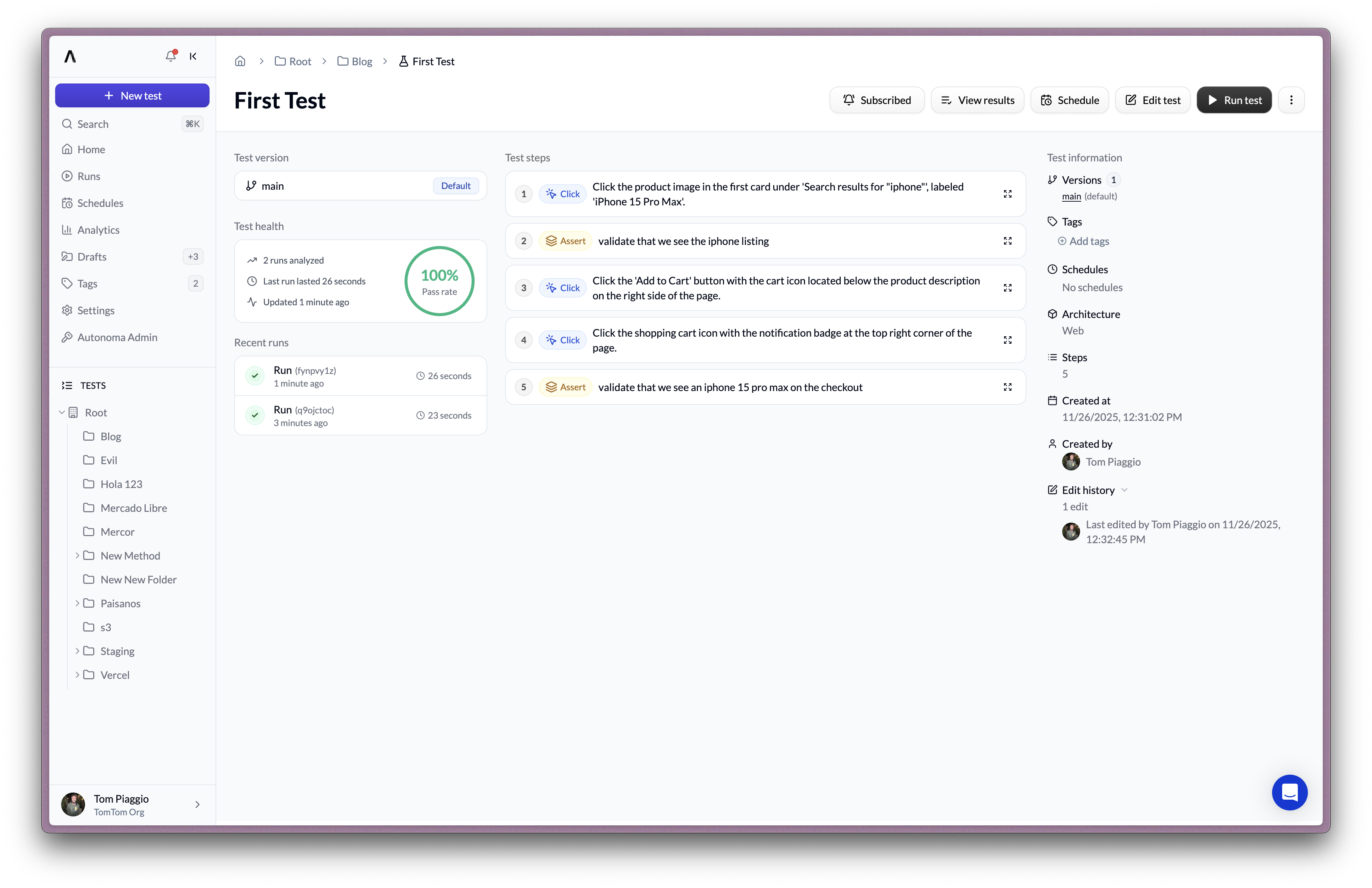 Test passed successfully with visual validation