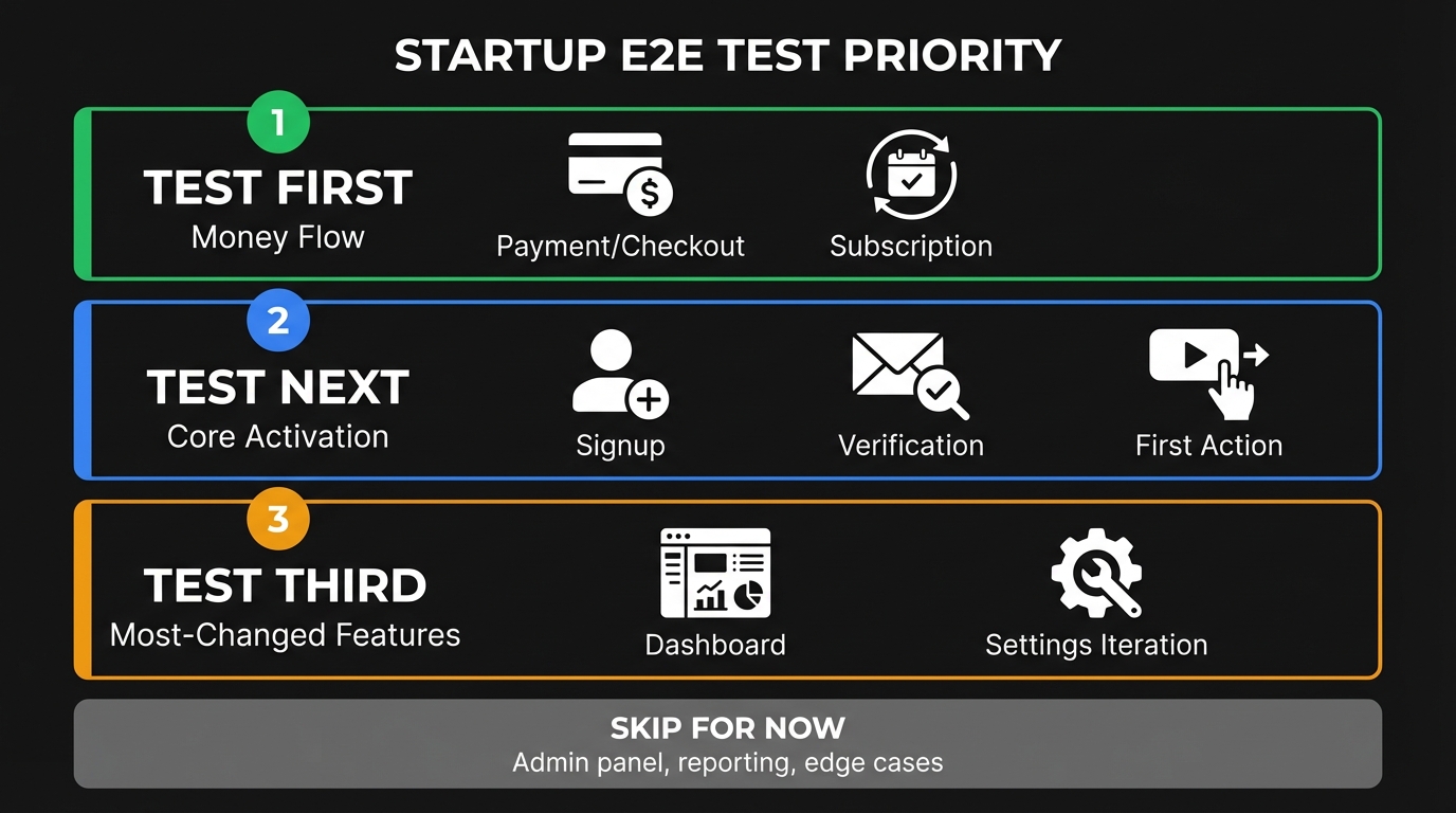 Three-tier priority list for startup E2E test coverage: Tier 1 Test First covers money flow and checkout, Tier 2 Test Next covers core activation and signup, Tier 3 Test Third covers most-changed features like dashboards, with admin panel and edge cases marked as skip for now