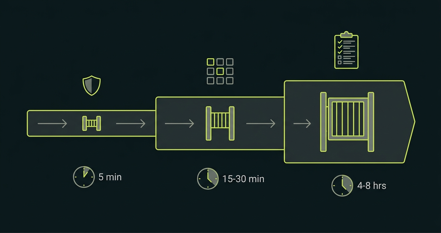 E2E test pipeline placement diagram showing three stages — pre-merge with 5-minute budget, post-merge with 15-30 minute window, and scheduled regression running every 4-8 hours