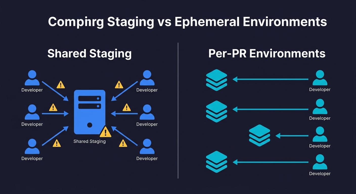 Comparison diagram: shared staging with multiple developers contending for one server versus per-PR ephemeral environments where each developer gets their own isolated stack