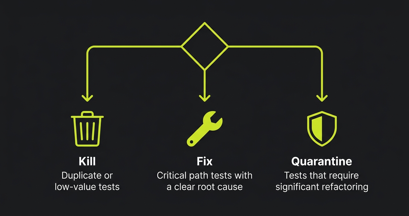 Triage decision flowchart showing three paths for handling flaky tests: kill duplicate or low-value tests, fix critical path tests with clear root causes, or quarantine tests that need significant refactoring