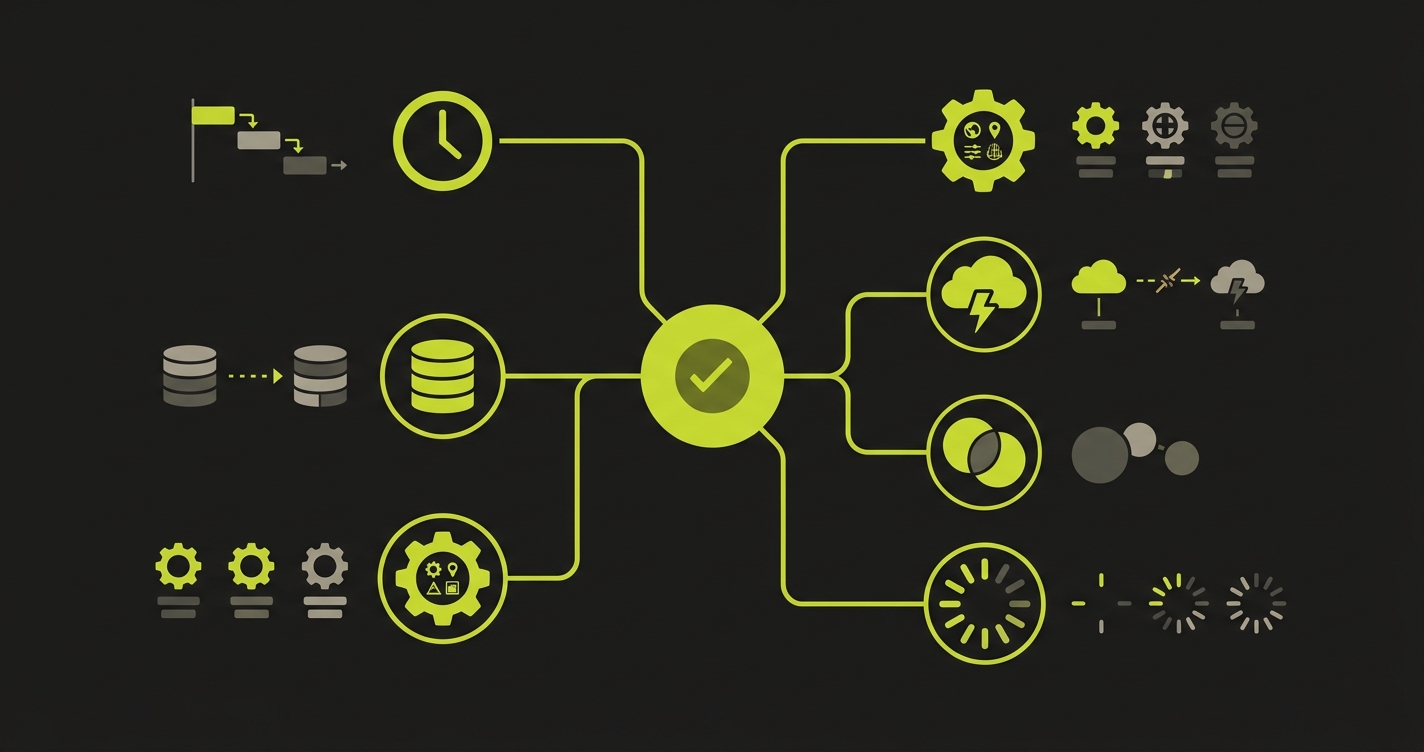 Diagnostic framework showing the six root causes of flaky tests: timing and race conditions, test data dependencies, environment drift, external service failures, shared state, and dynamic content rendering