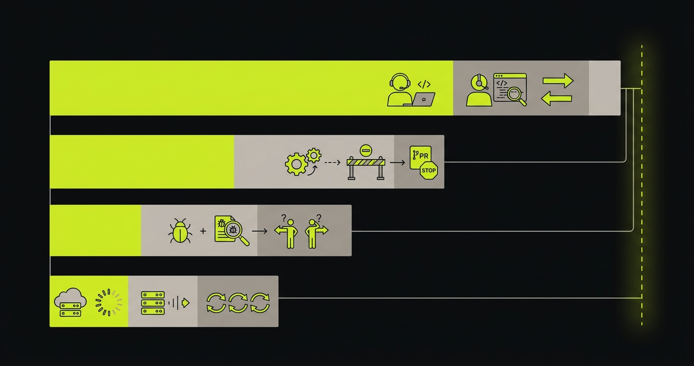 Stacked bar chart visualization showing the four categories of flaky test costs with developer time as the dominant expense followed by deployment delays incident triage and CI compute