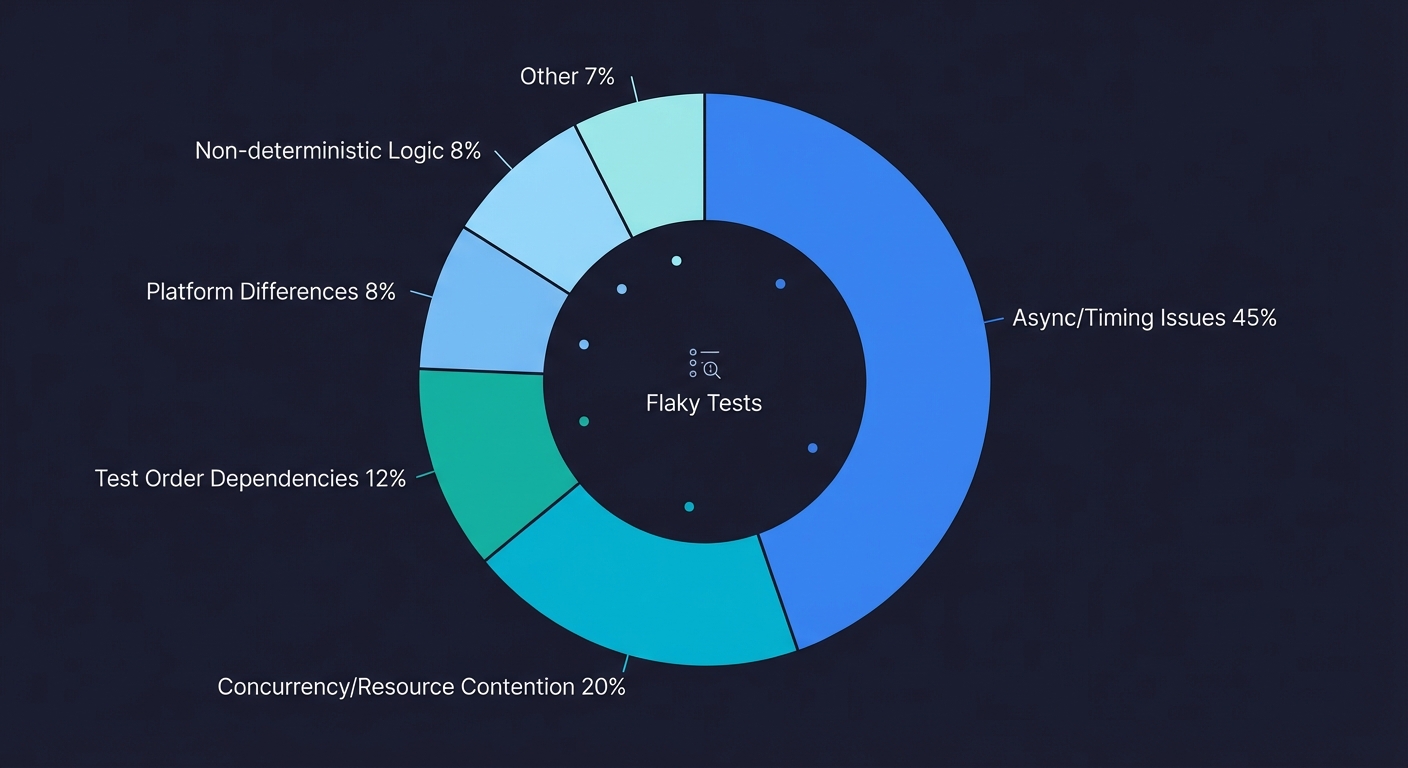 Distribution of flaky test root causes: timing issues at 45%, concurrency at 20%, test order dependencies at 12%, and other causes