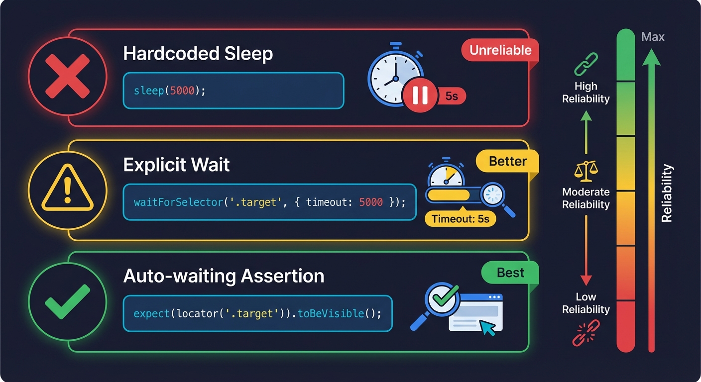 Three approaches to async waits in tests: hardcoded sleep, explicit waitForSelector, and auto-waiting assertions ranked by reliability