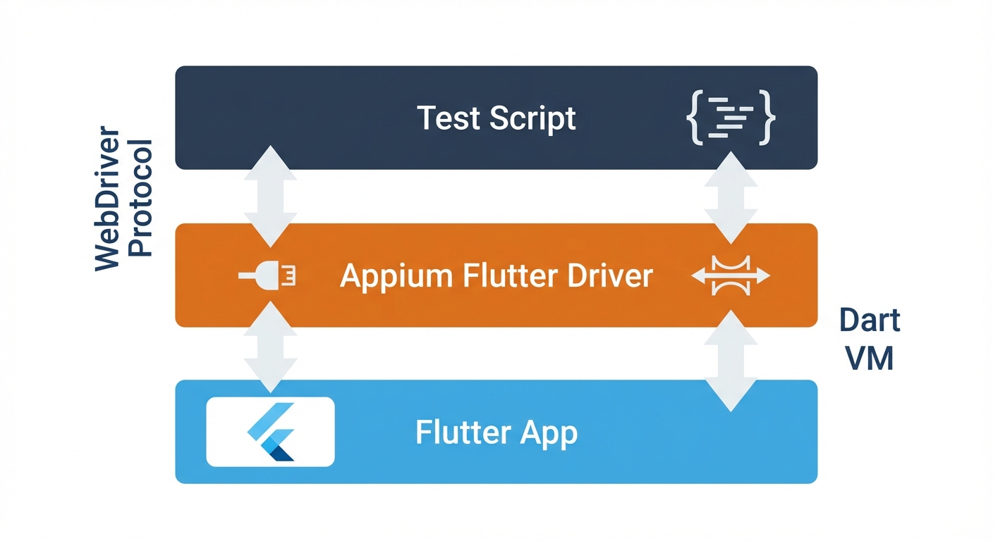 Architecture diagram showing Appium Flutter Driver connecting to Flutter's Dart VM to access widget tree instead of native accessibility APIs