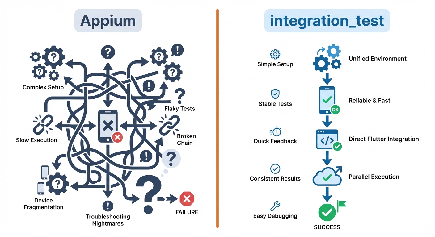 Comparison diagram showing Appium's flexibility vs integration_test's speed advantages
