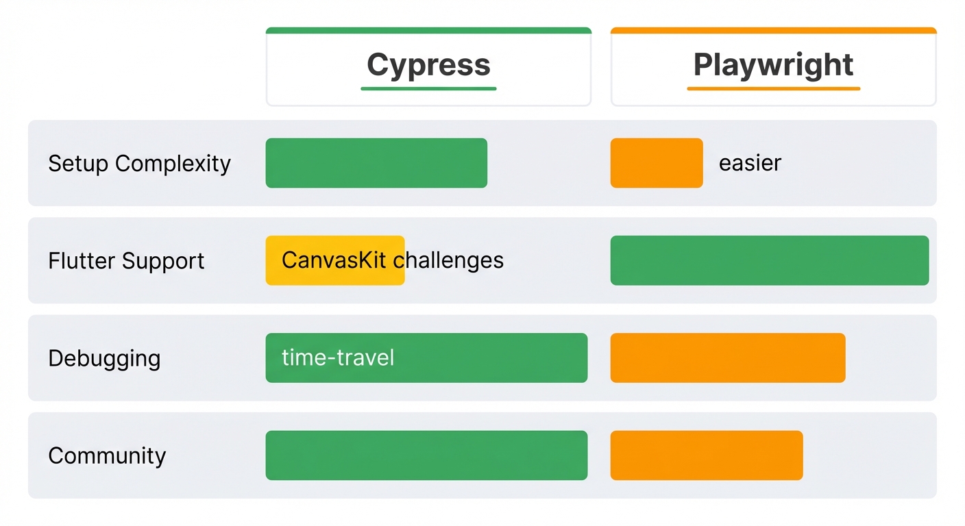 Comparison diagram showing Cypress vs Playwright for Flutter web testing across dimensions: setup complexity, Flutter support, debugging experience, and execution speed