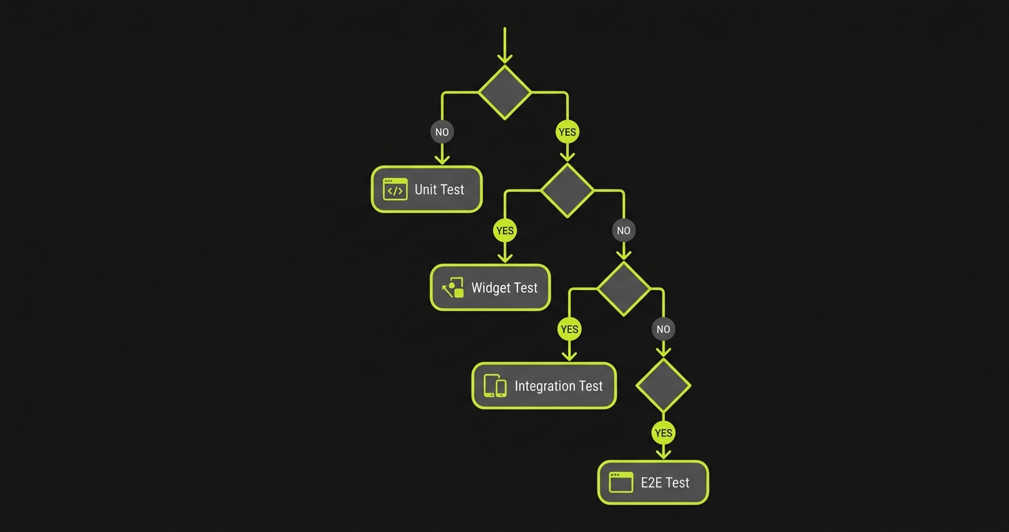 Decision flowchart for choosing the right Flutter test layer, starting with whether UI rendering is involved, branching through widget scope, device requirements, and critical user journeys