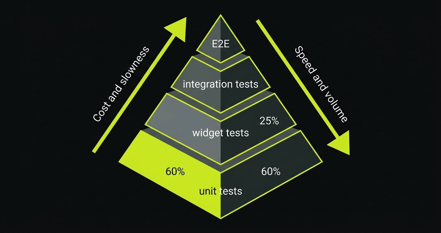 Flutter testing pyramid showing four layers: unit tests at 60%, widget tests at 25%, integration tests at 10%, and E2E tests at 5%, with cost increasing toward the top and speed increasing toward the base