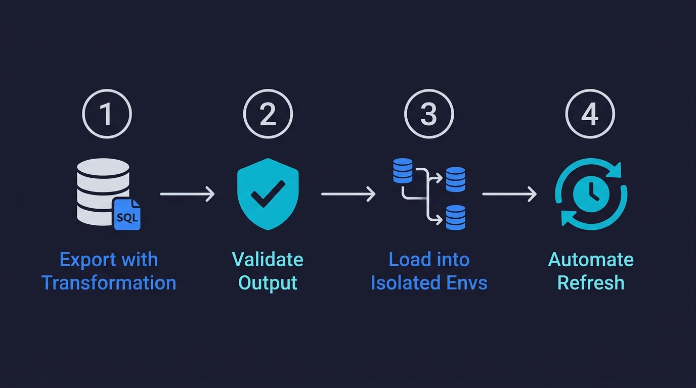 Four-stage data masking pipeline: 1 Export with Transformation, 2 Validate Output, 3 Load into Isolated Environments, 4 Automate Refresh