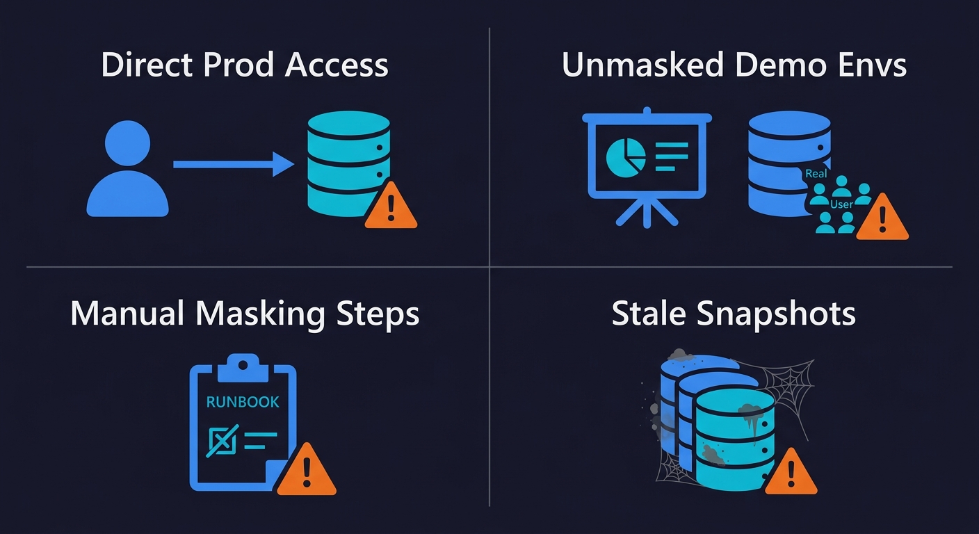 Four common GDPR risk shortcuts at startups: direct production access, unmasked demo environments, manual masking steps in runbooks, and stale database snapshots