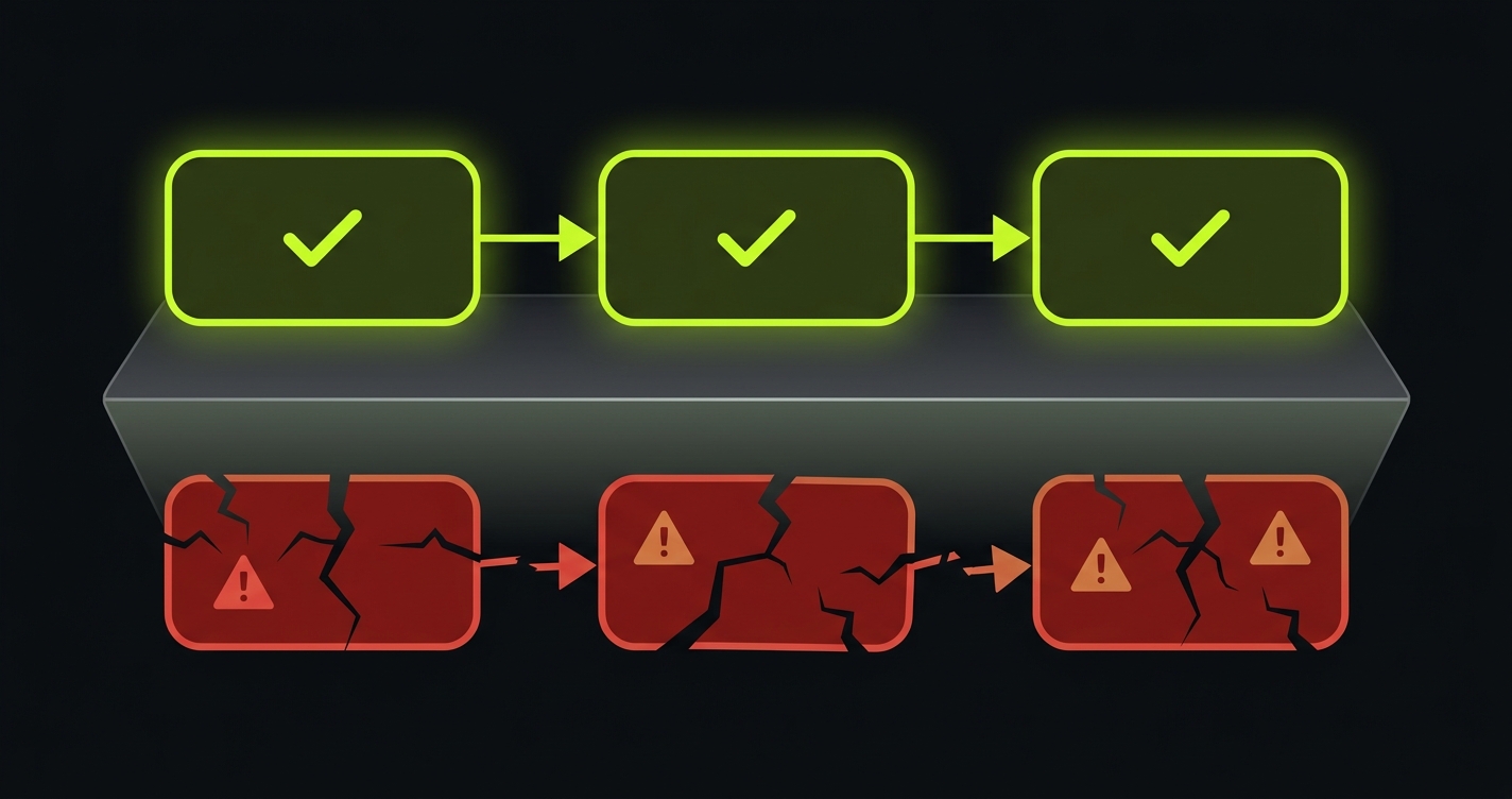 Diagram showing how green CI passes while the underlying application behavior is broken
