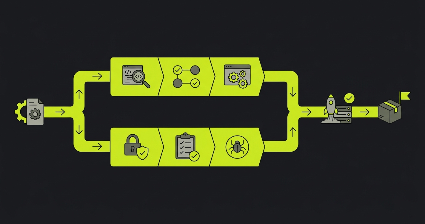 Two-track CI/CD pipeline diagram showing API-level HIPAA tests running on every pull request and infrastructure-level tests running on a nightly schedule, both gating deployment
