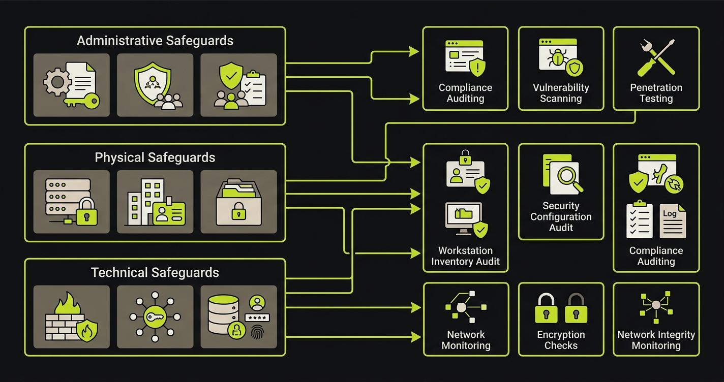 Diagram mapping HIPAA technical safeguards to their corresponding automated test types: access control to API auth tests, MFA to login flow tests, audit logs to log verification, integrity to hash checks, and encryption to infrastructure scans