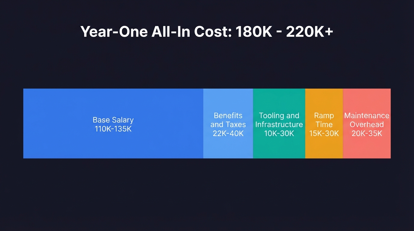 Stacked bar chart breaking down the year-one all-in cost of a QA engineer hire from base salary through benefits, tooling, ramp time, and maintenance drag, totaling $180K to $220K