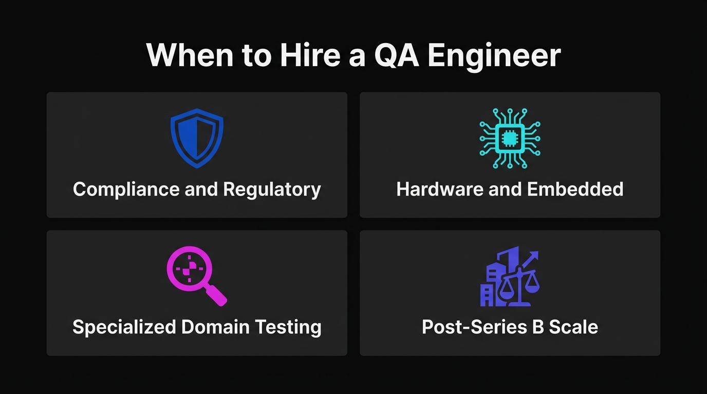 Four-quadrant diagram showing the four scenarios when hiring a QA engineer is the right call: compliance and regulatory, hardware and embedded systems, specialized domain testing, and post-Series B scale