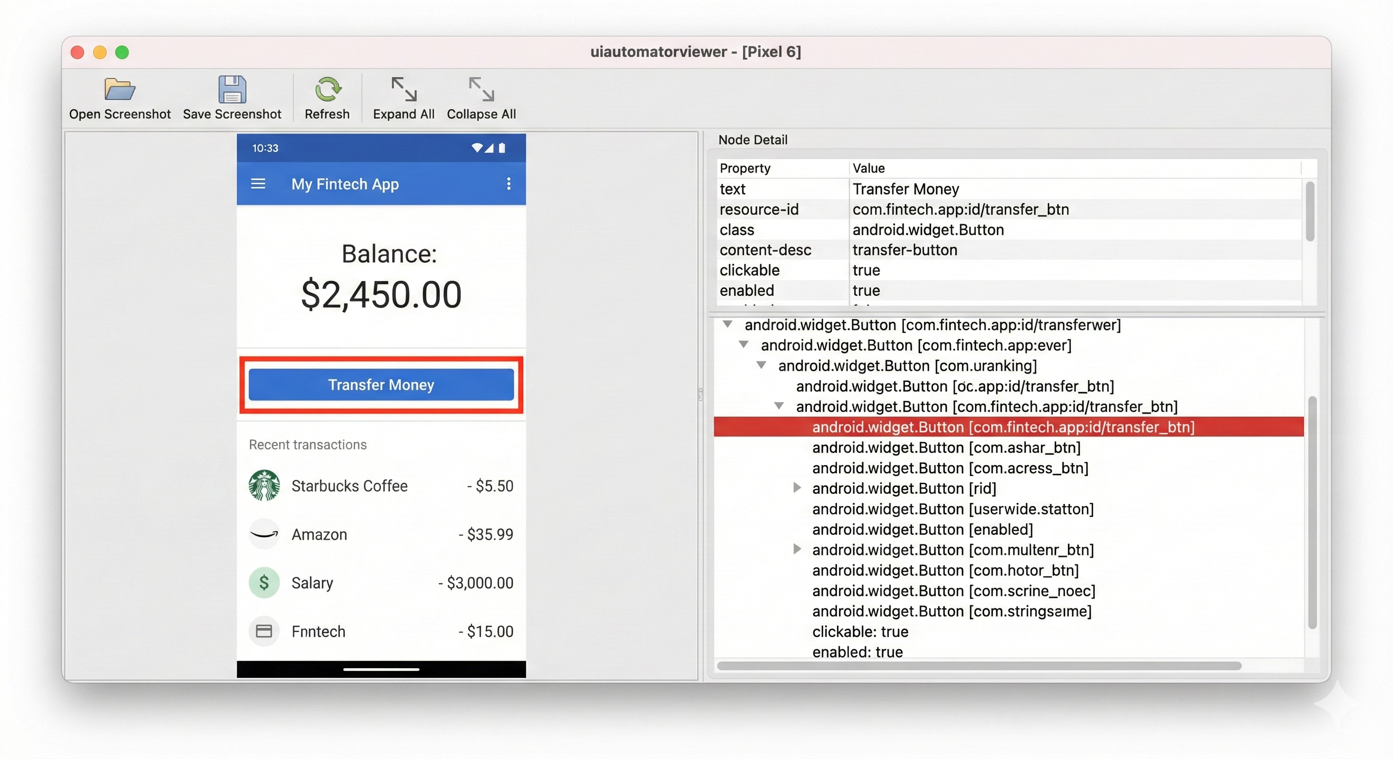 UIAutomatorViewer screenshot showing Android app element inspection with resource-id, content-desc, and selector properties for Appium testing