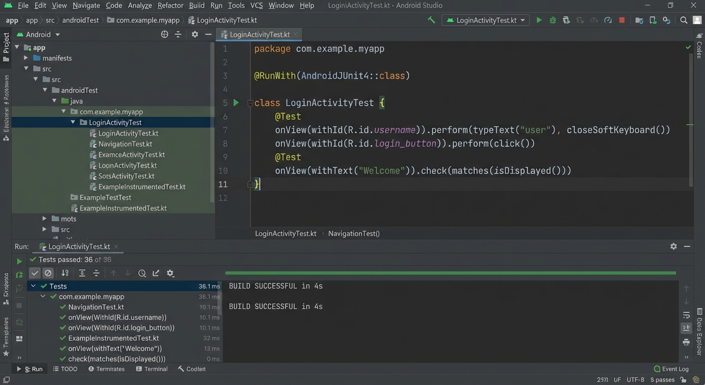 Android Studio showing Espresso Android testing results with green checkmarks and test execution details