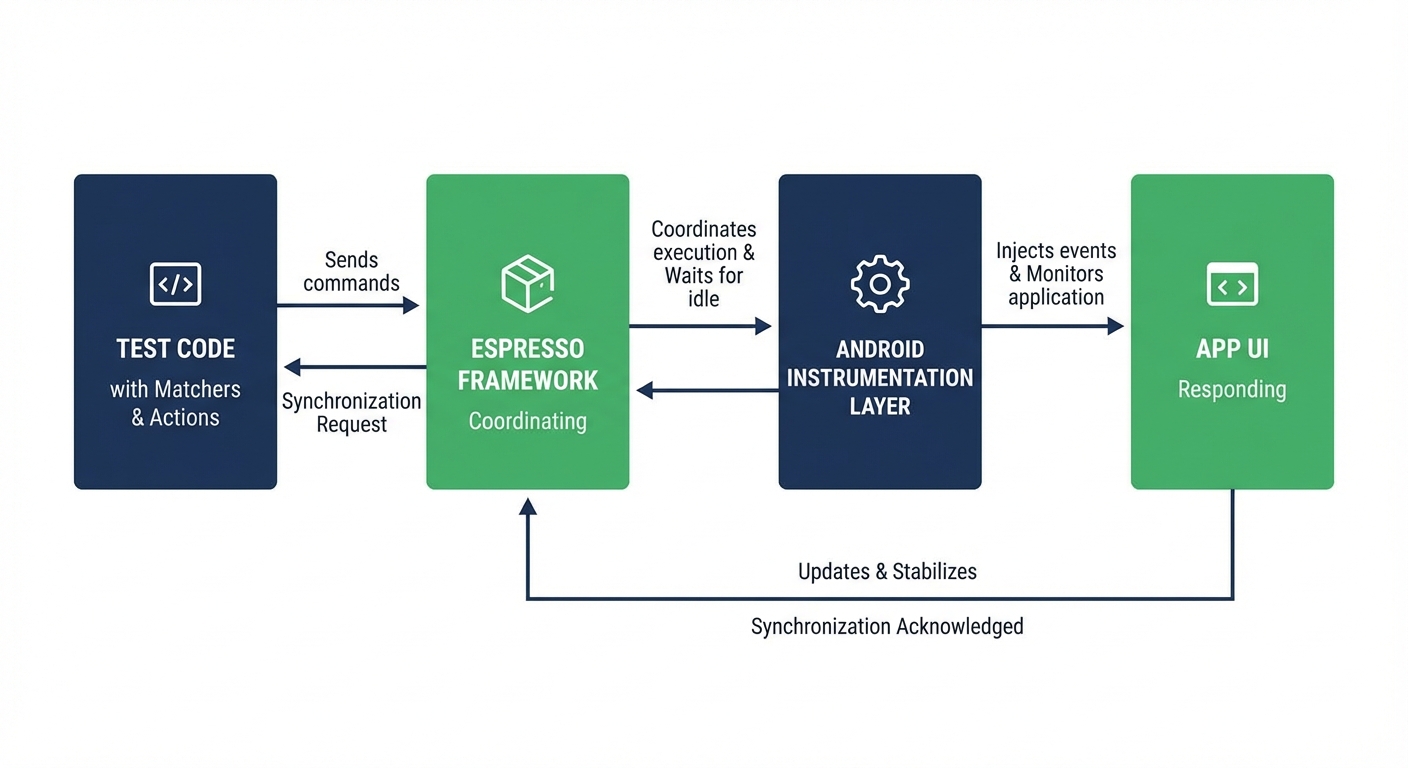 Espresso architecture showing test code, Espresso framework, instrumentation layer, and app UI with synchronization flow