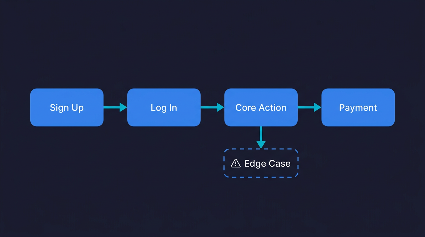 Critical user path flow for testing a vibe-coded app: Sign Up, Log In, Core Action, Payment, with edge case branch