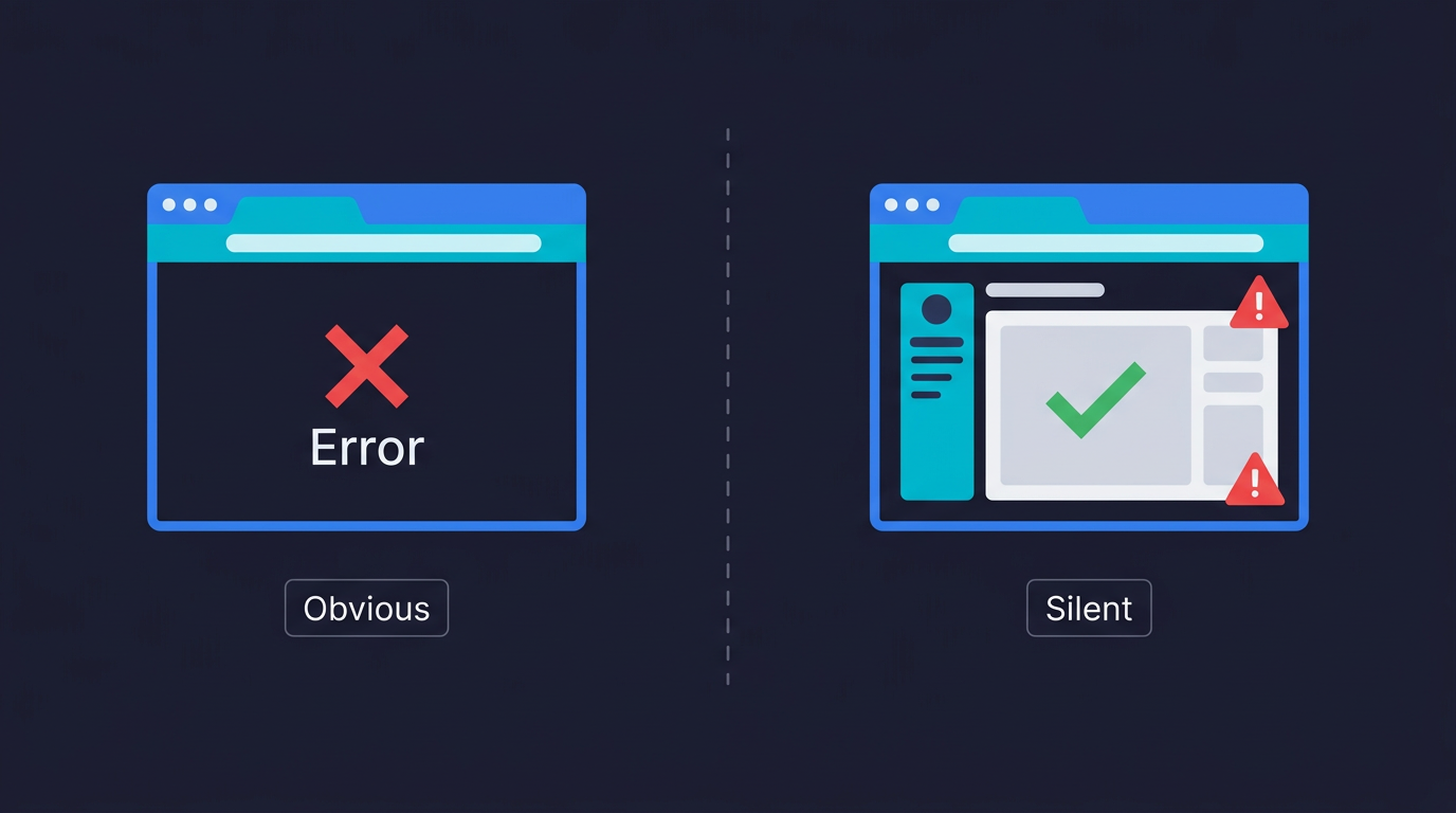 Obvious versus silent failures in a vibe-coded app: error screen compared to app that looks normal but has hidden bugs