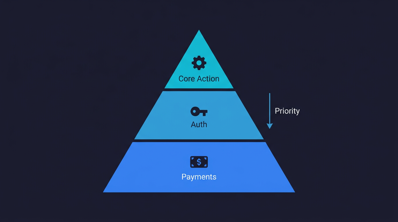 Testing priority pyramid for vibe-coded apps: Payments at the base, Auth in the middle, Core Action at the top