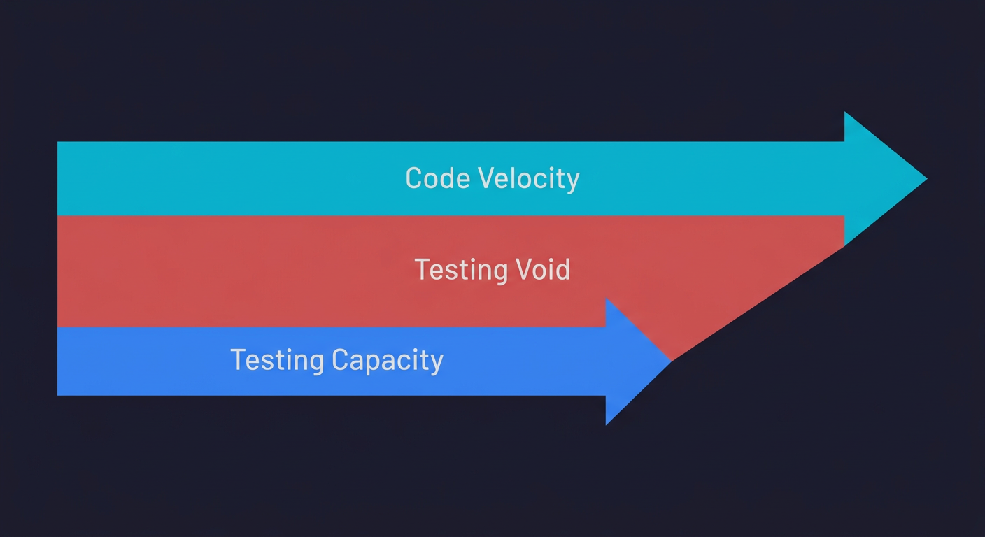 Diagram showing the widening gap between code velocity and testing capacity, illustrating the testing void that vibe coding created