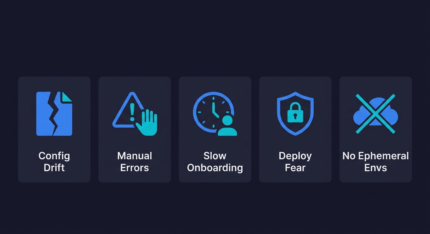 Five hidden costs of not adopting infrastructure as code: configuration drift, manual errors, slow onboarding, deployment fear, and no ephemeral environments