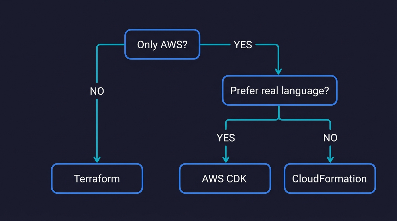 Decision flowchart for choosing between Terraform, CloudFormation, and AWS CDK based on cloud provider scope and language preference